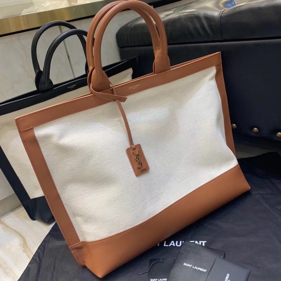 Saint Laurent Tag Shopping Bag In Canvas And Brown Leather 019