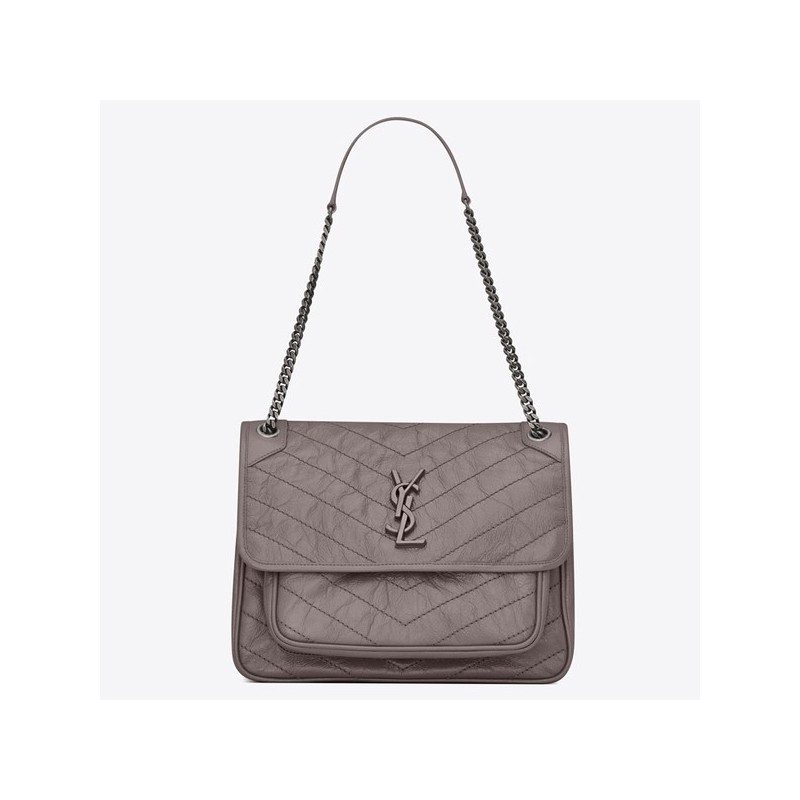 Saint Laurent Large Niki Chain Bag In Grey Crinkled Leather 068