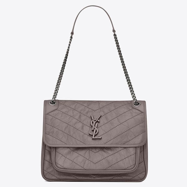 Saint Laurent Large Niki Chain Bag In Grey Crinkled Leather 068