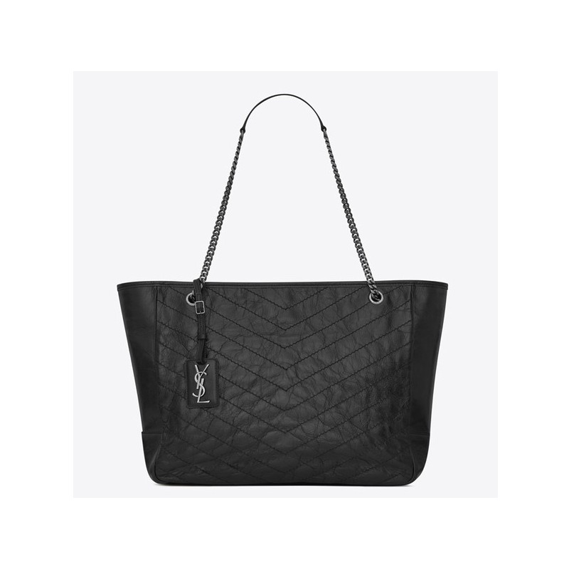 Saint Laurent Niki Shopping Bag In Black Crinkled Calfskin 493