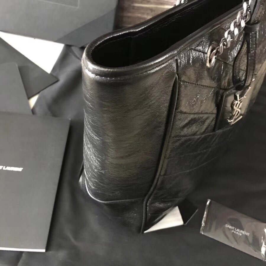 Saint Laurent Niki Shopping Bag In Black Crinkled Calfskin 493