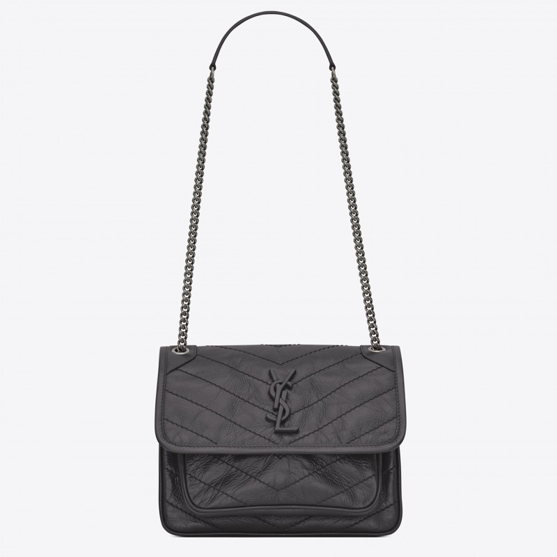 Saint Laurent Baby Niki Chain Bag In Storm Gray Crinkled Leather 557