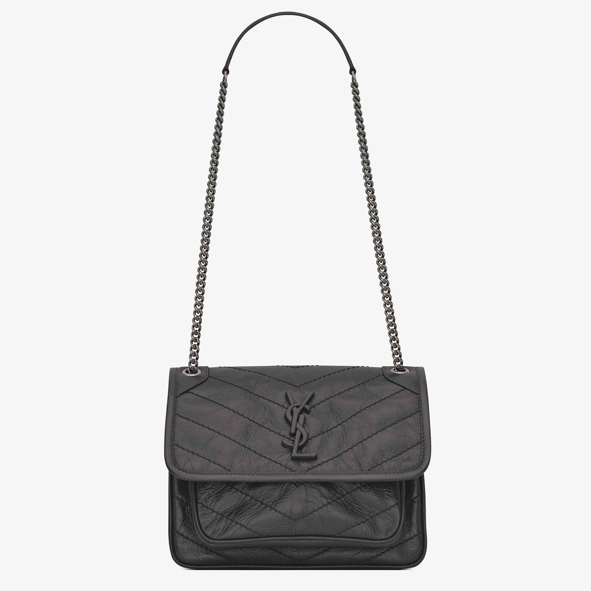 Saint Laurent Baby Niki Chain Bag In Storm Gray Crinkled Leather 557