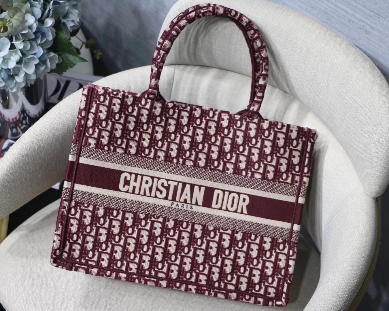 Dior Small Book Tote Bag In Bordeaux Oblique Canvas 226