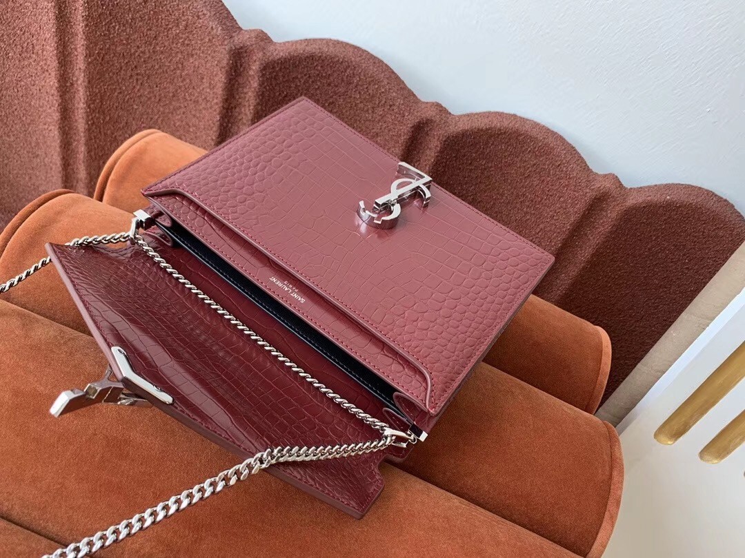 Saint Laurent Cassandra Clasp Bag In Bordeaux Croc-Embossed Leather 483