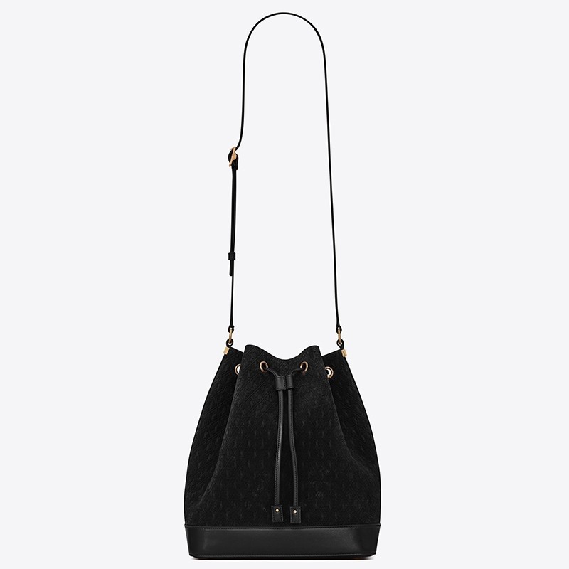 Saint Laurent Monogram All Over Bucket Bag In Black Suede 998