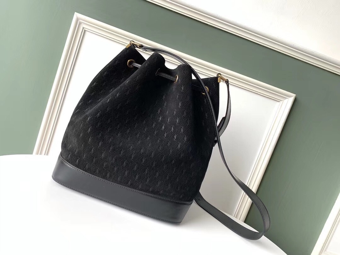 Saint Laurent Monogram All Over Bucket Bag In Black Suede 998