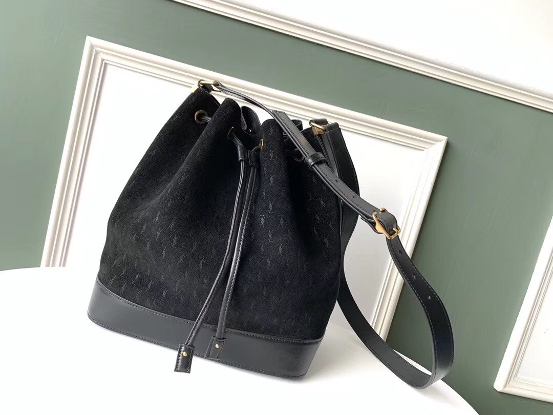 Saint Laurent Monogram All Over Bucket Bag In Black Suede 998