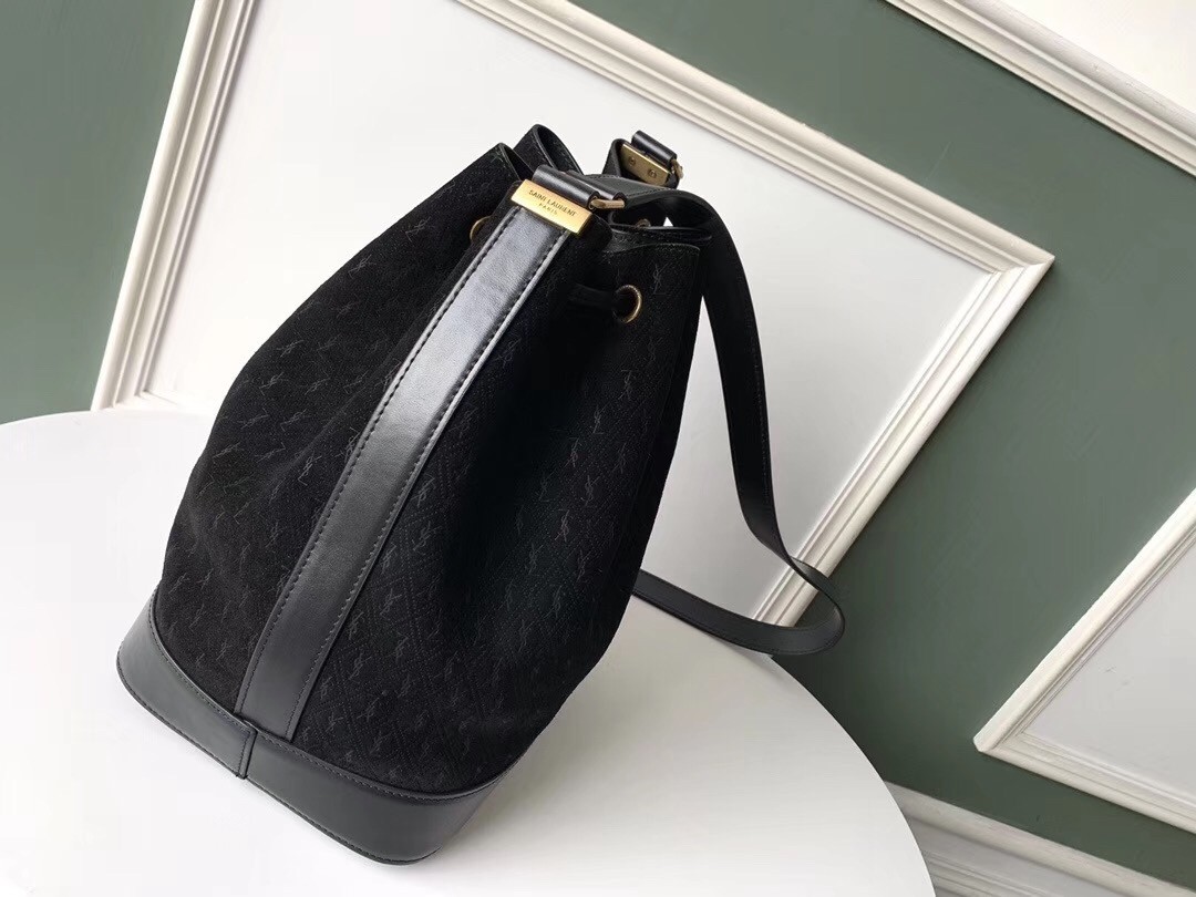 Saint Laurent Monogram All Over Bucket Bag In Black Suede 998