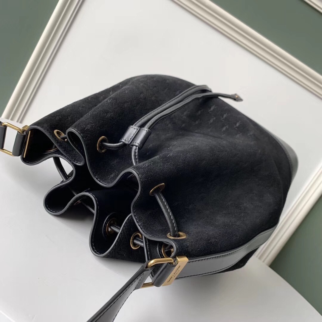 Saint Laurent Monogram All Over Bucket Bag In Black Suede 998