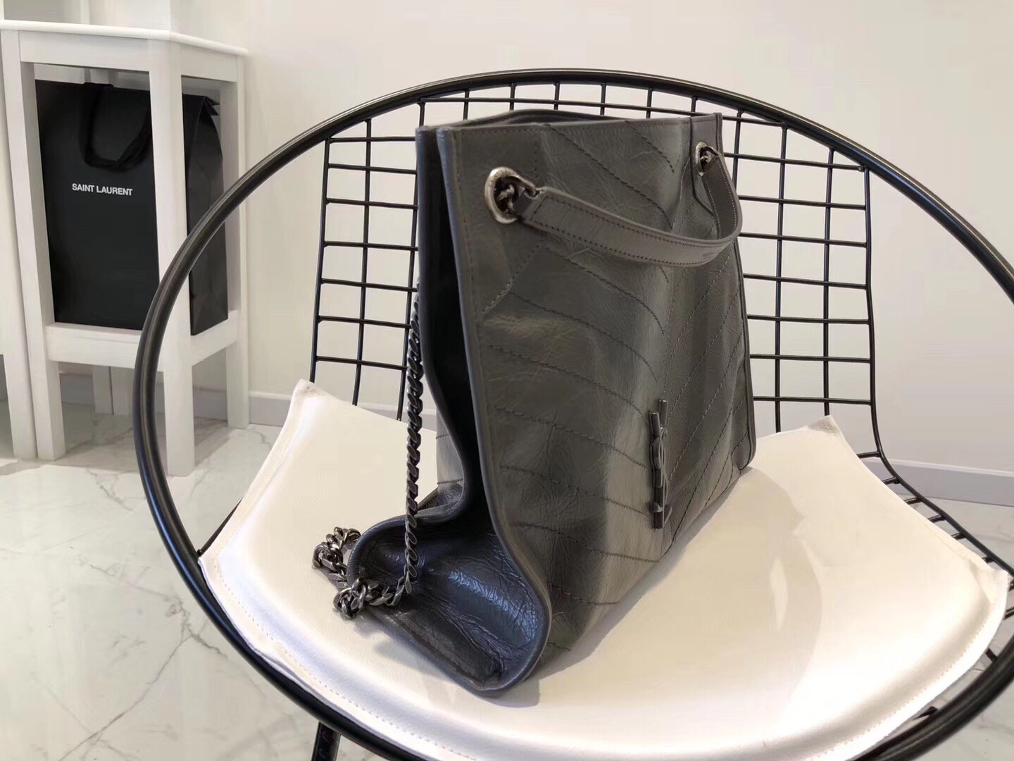 Saint Laurent Medium Niki Shopping Bag In Storm Leather  724