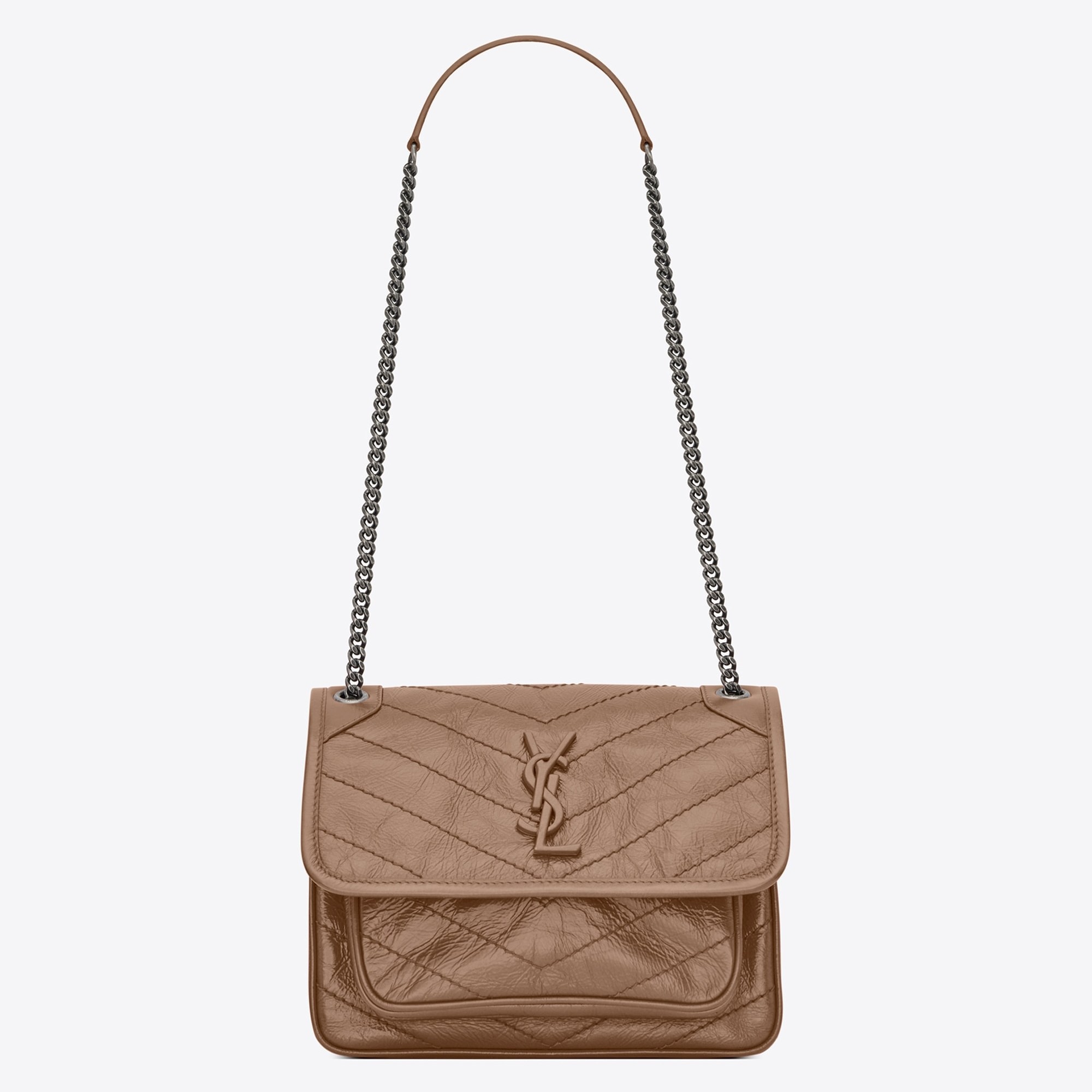 Saint Laurent Baby Niki Chain Bag In Taupe Crinkled Leather 889