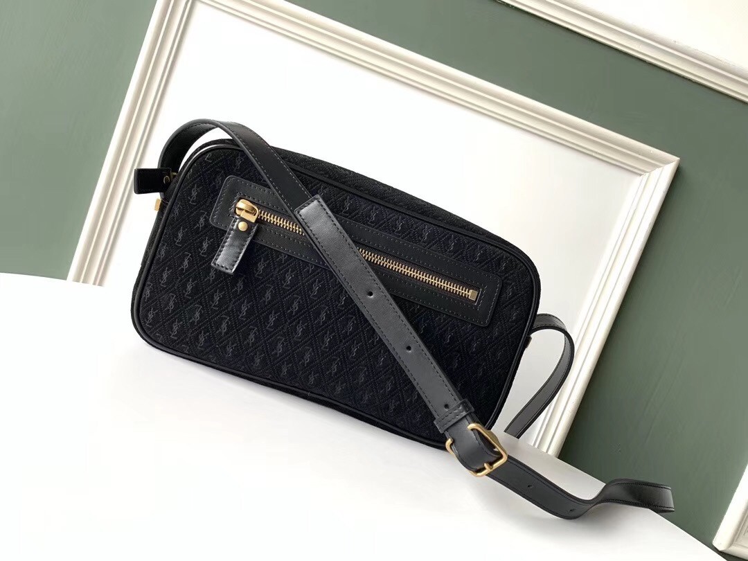 Saint Laurent Monogram All Over Camera Bag In Black Suede 771