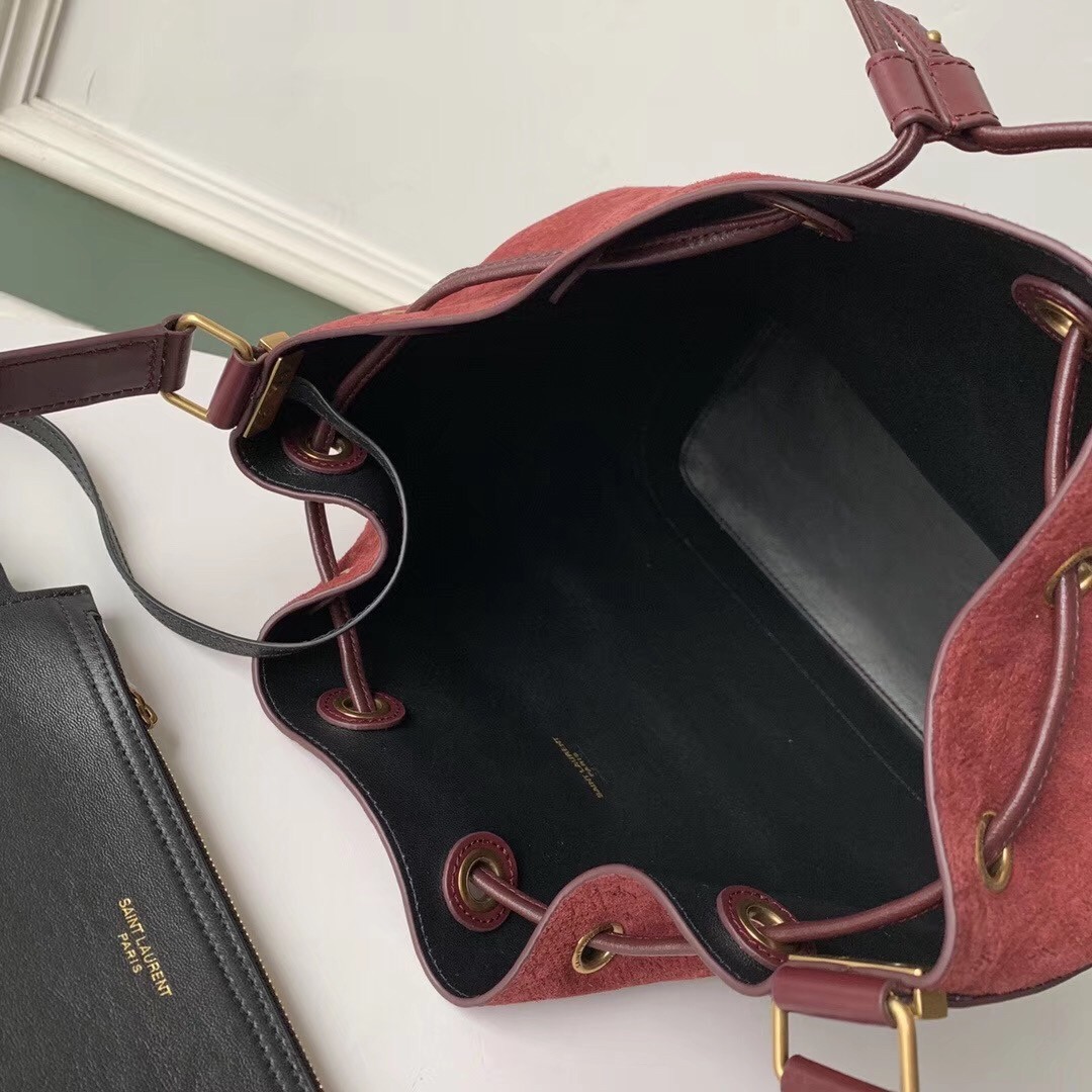 Saint Laurent Monogram All Over Bucket Bag In Bordeaux Suede 982