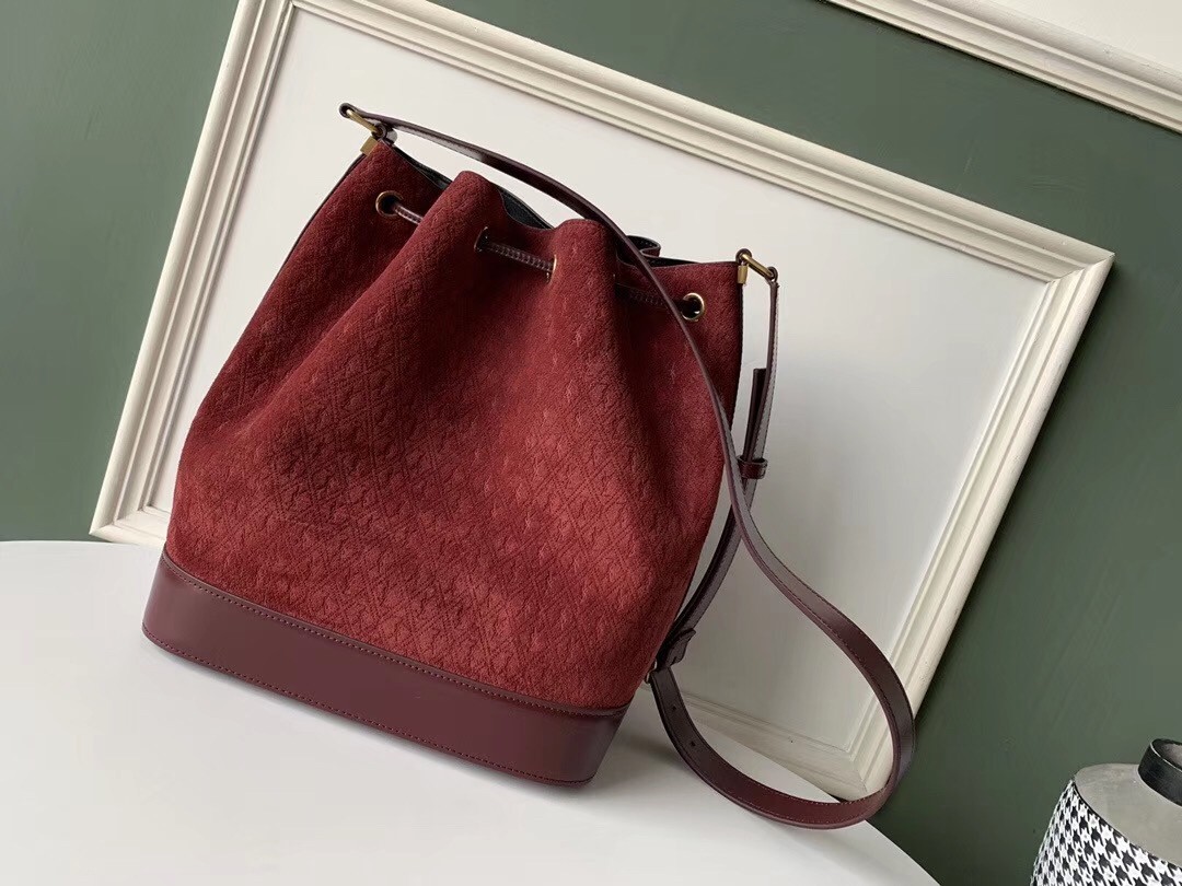 Saint Laurent Monogram All Over Bucket Bag In Bordeaux Suede 982