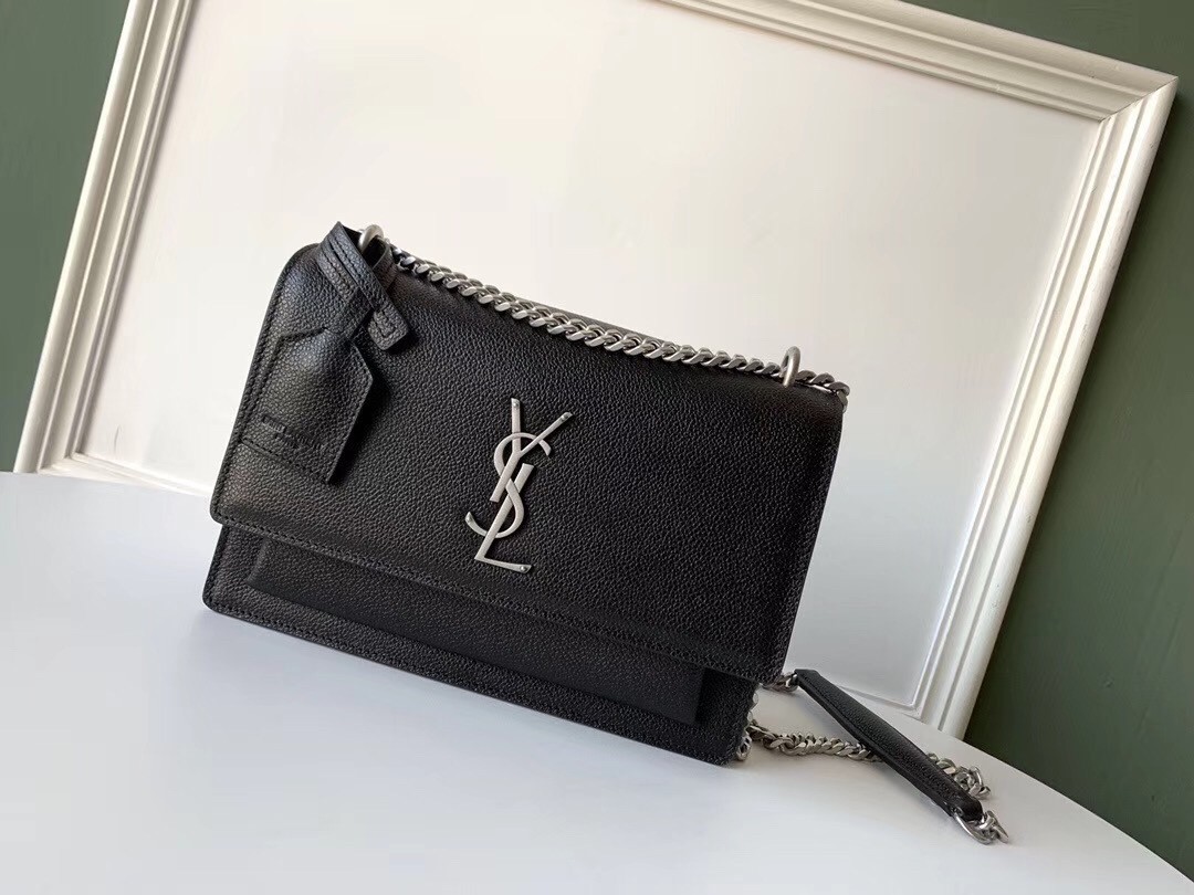 Saint Laurent Sunset Medium Bag In Black Grained Leather  614