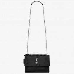 Saint Laurent Sunset Medium Bag In Black Crocodile Embossed Leather 800