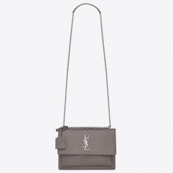 Saint Laurent Sunset Medium Bag In Grey Crocodile Embossed Leather 720