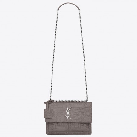 Saint Laurent Sunset Medium Bag In Grey Crocodile Embossed Leather 720