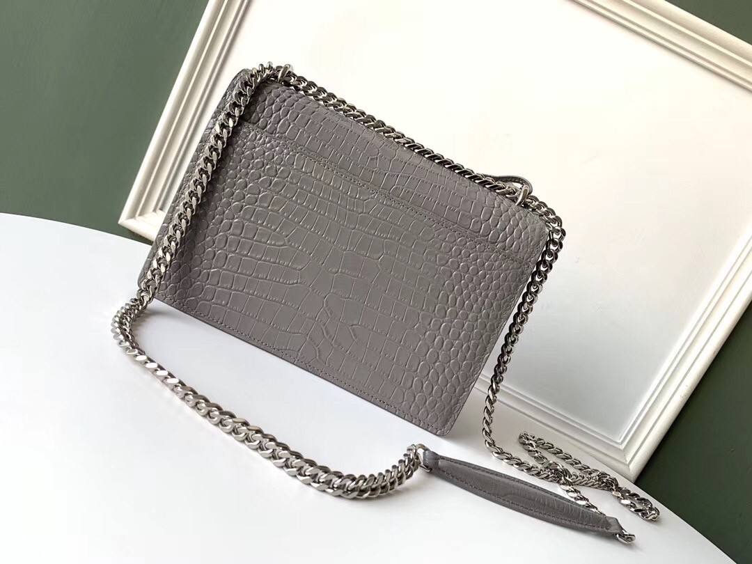 Saint Laurent Sunset Medium Bag In Grey Crocodile Embossed Leather 720