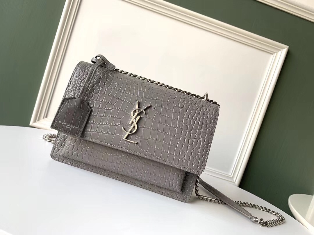 Saint Laurent Sunset Medium Bag In Grey Crocodile Embossed Leather 720