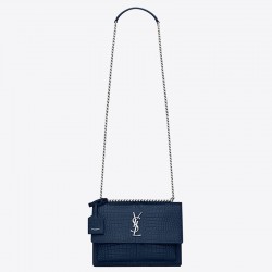 Saint Laurent Sunset Medium Bag In Blue Crocodile Embossed Leather 639