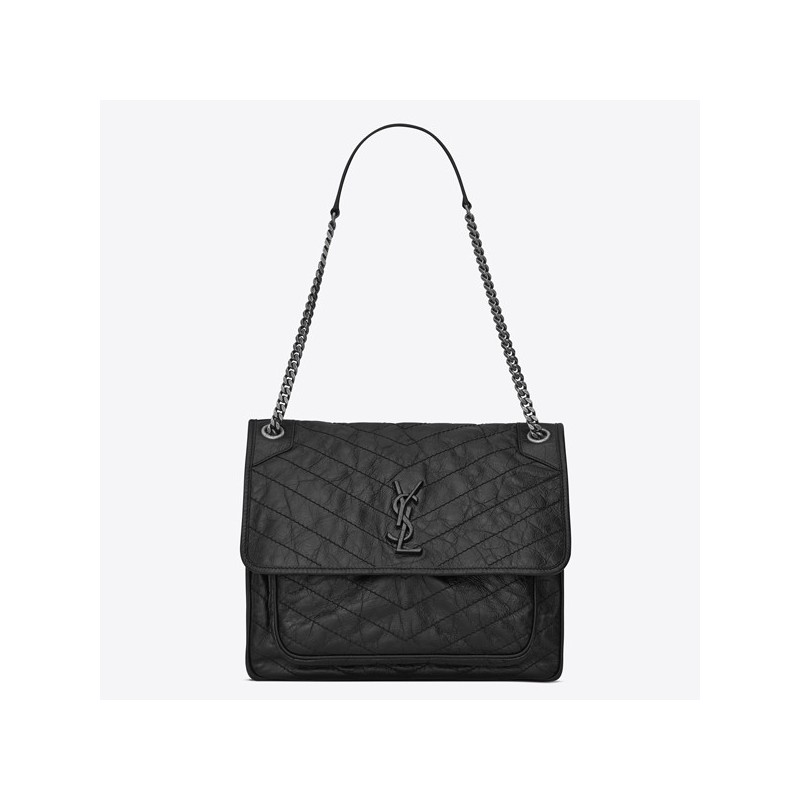 Saint Laurent Large Niki Chain Bag In Black Crinkled Leather 021