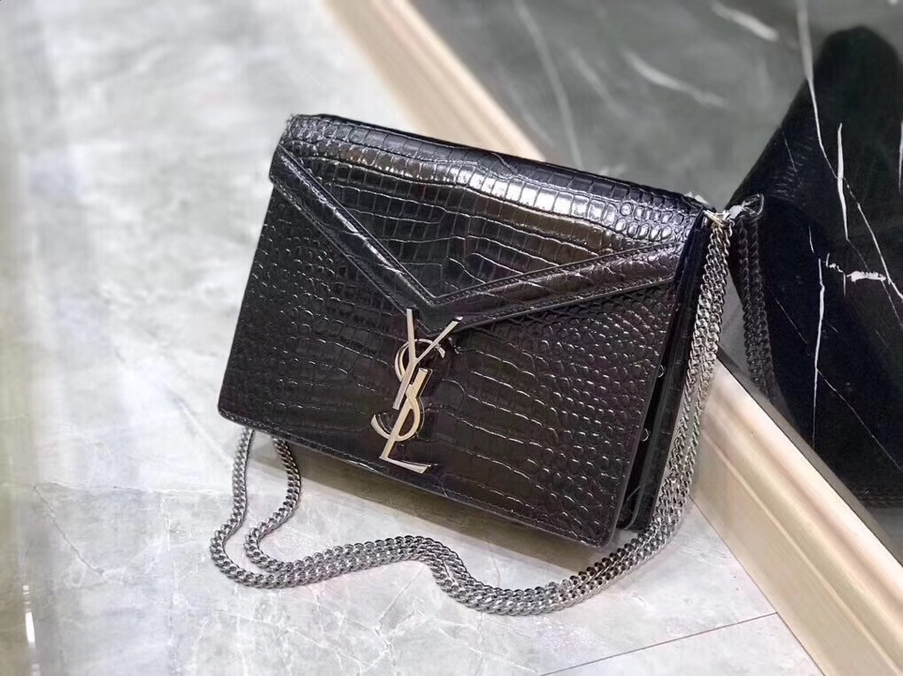 Saint Laurent Cassandra Clasp Bag In Black Croc-Embossed Leather 445