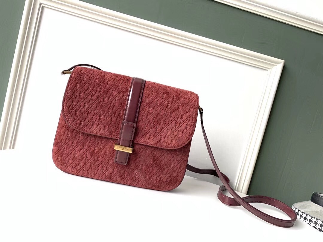 Saint Laurent Monogram All Over Small Satchel In Bordeaux Suede 545