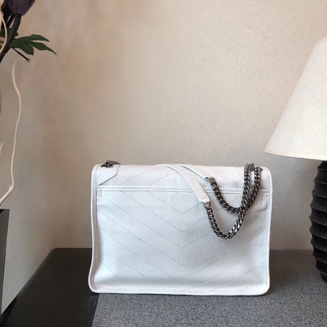 Saint Laurent Large Niki Chain Bag In White Crinkled Leather 637