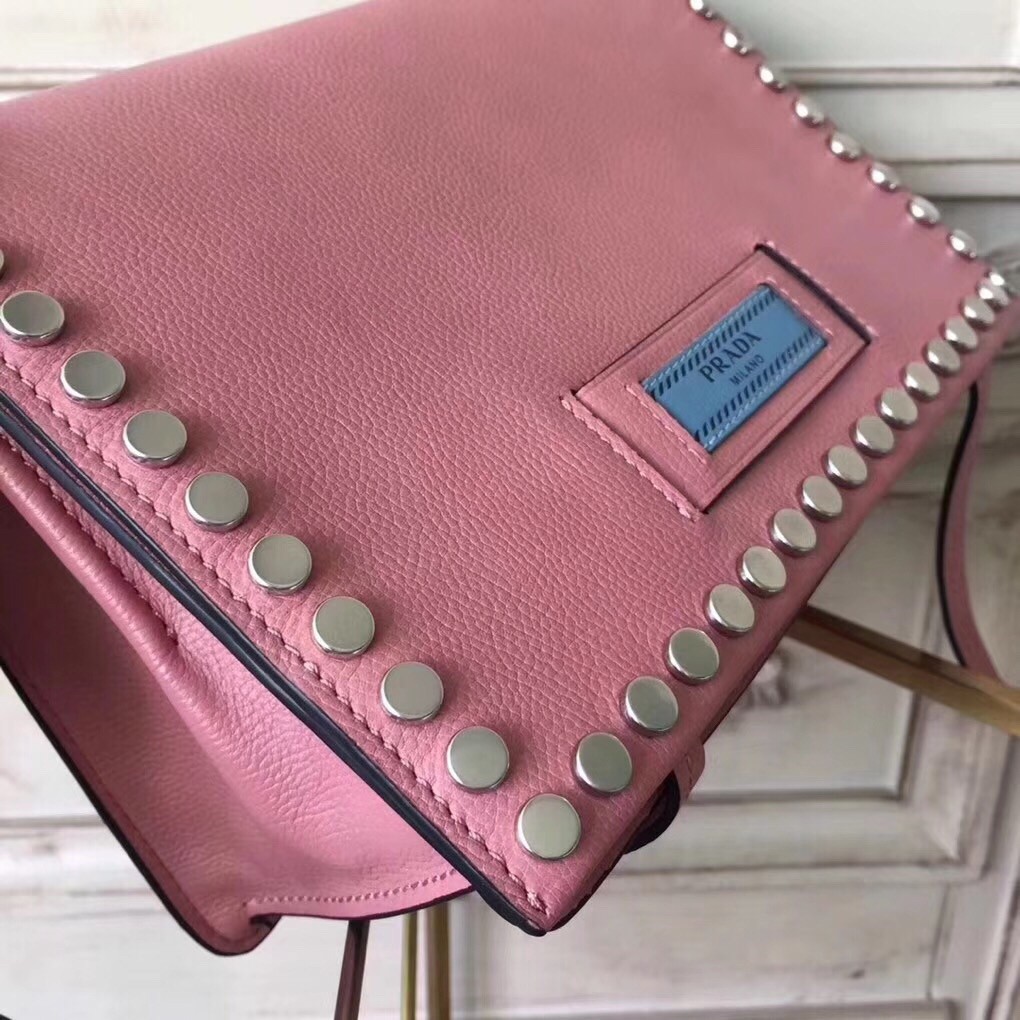 Prada Etiquette Bag In Pink Calfskin With Metal Stud Trim 120