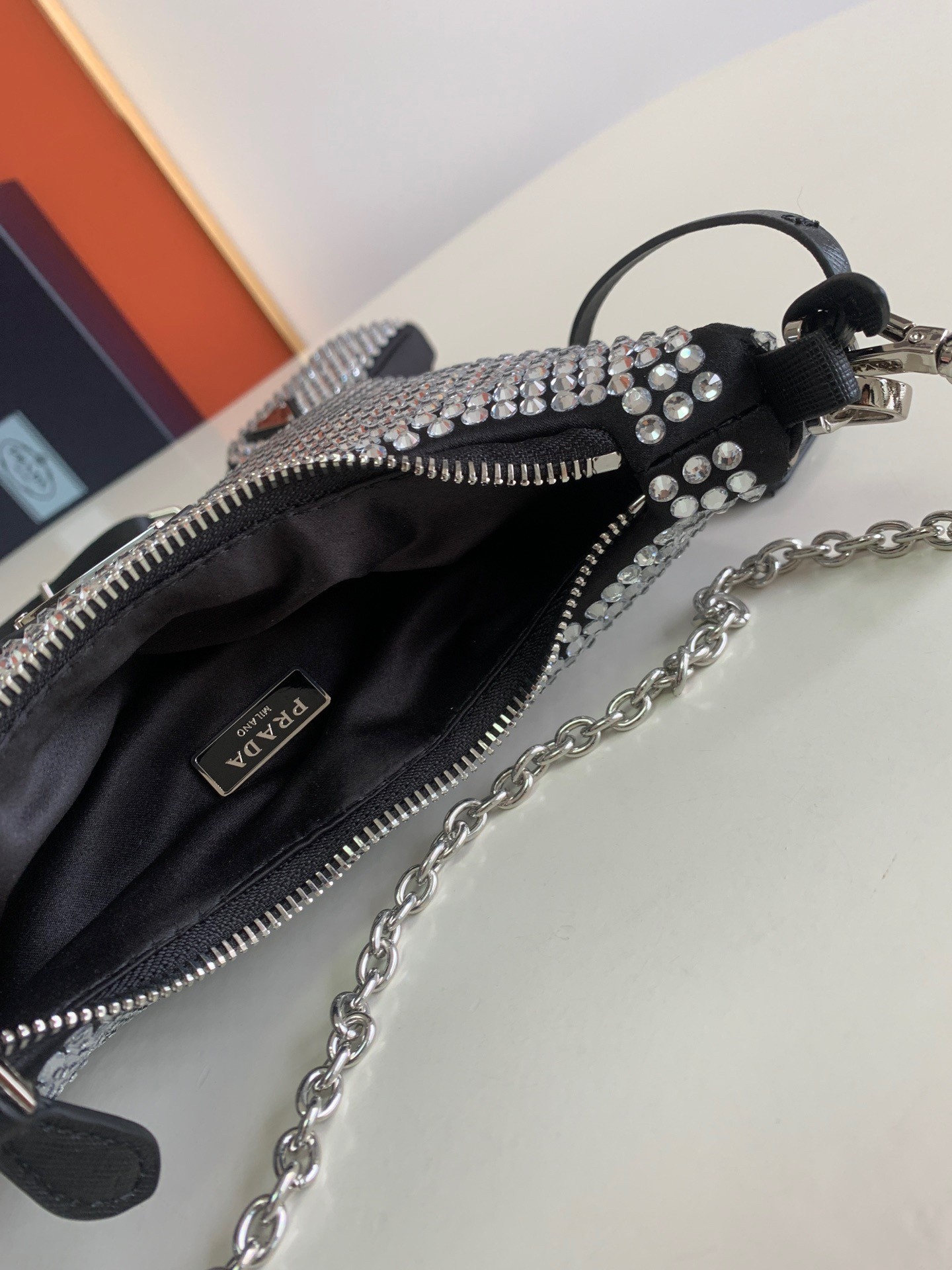 Prada Re-Edition 2005 Bag In Black Satin with Crystals 254