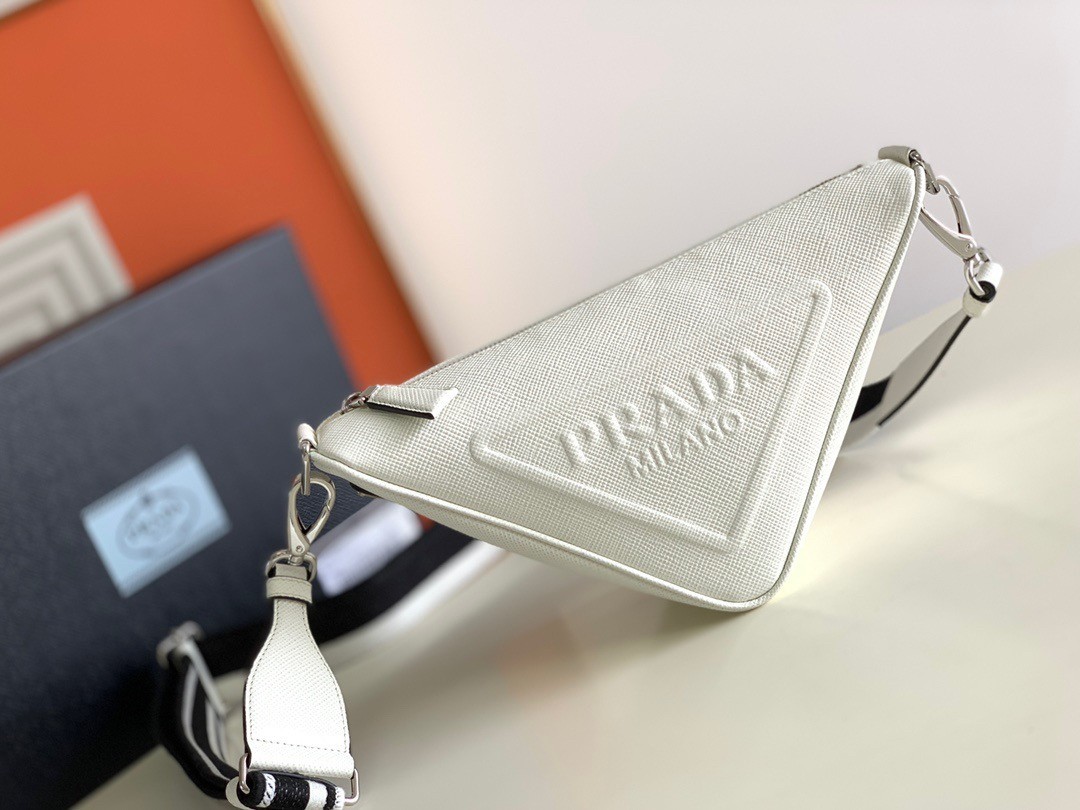 Prada Triangle Shoulder Bag In White Saffiano Calfskin 007