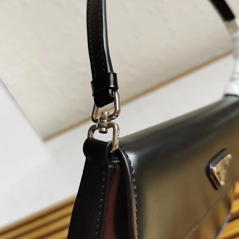 Prada Black Brushed Leather Cleo Shoulder Bag with Flap 876