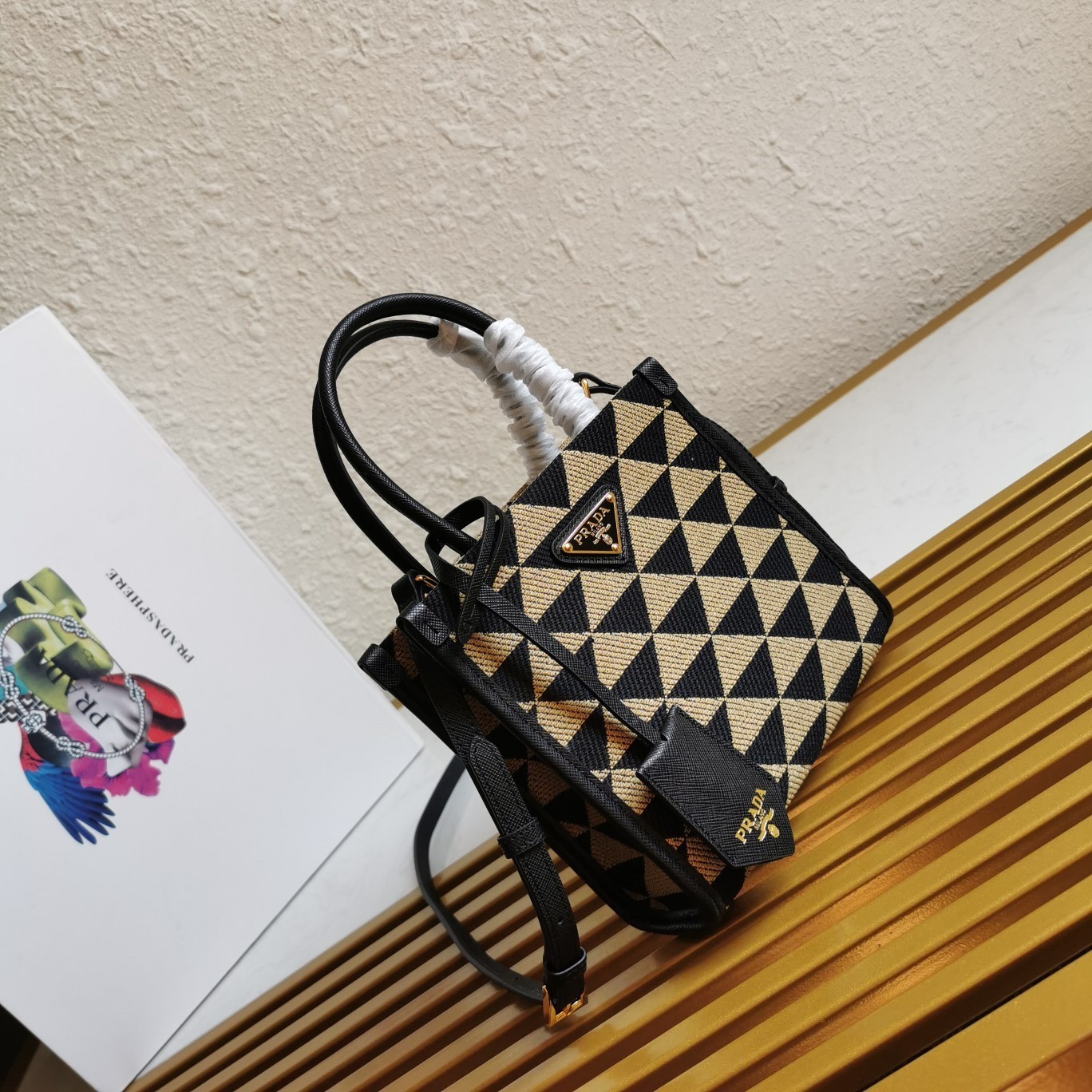 Prada Symbole Micro Bag In Black/Beige Jjacquard Fabric 951