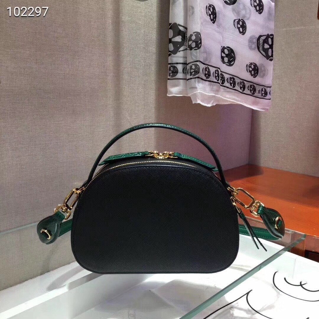 Prada Odette Black Saffiano And Green Crocodile Bag 950