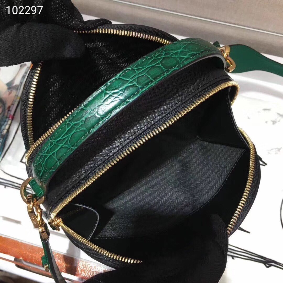 Prada Odette Black Saffiano And Green Crocodile Bag 950