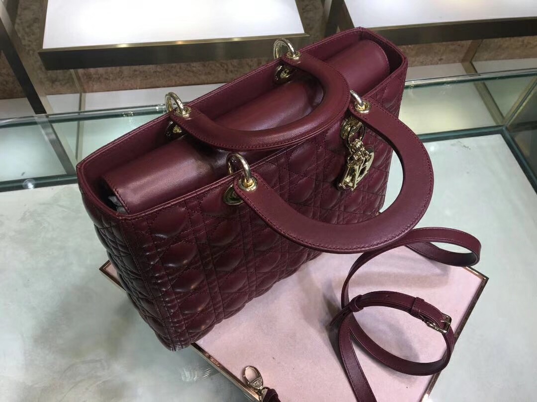 Dior Large Lady Dior Bag In Bordeaux Cannage Lambskin 476