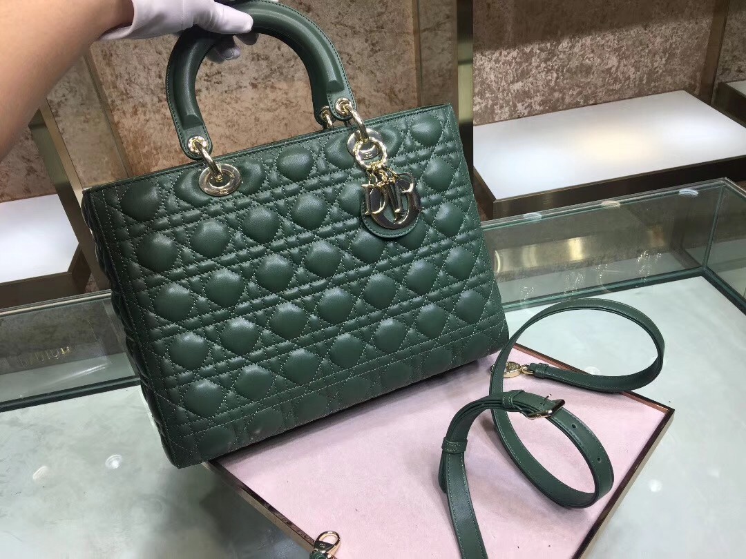Dior Large Lady Dior Bag In Green Cannage Lambskin 508