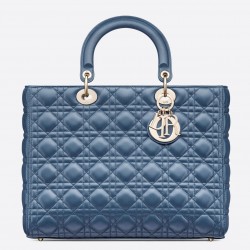 Dior Large Lady Dior Bag In Denim Blue Cannage Lambskin 642