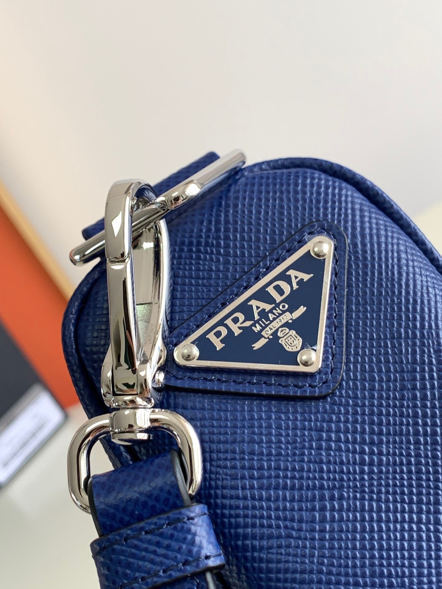 Prada Triangle Shoulder Bag In Blue Saffiano Calfskin 459