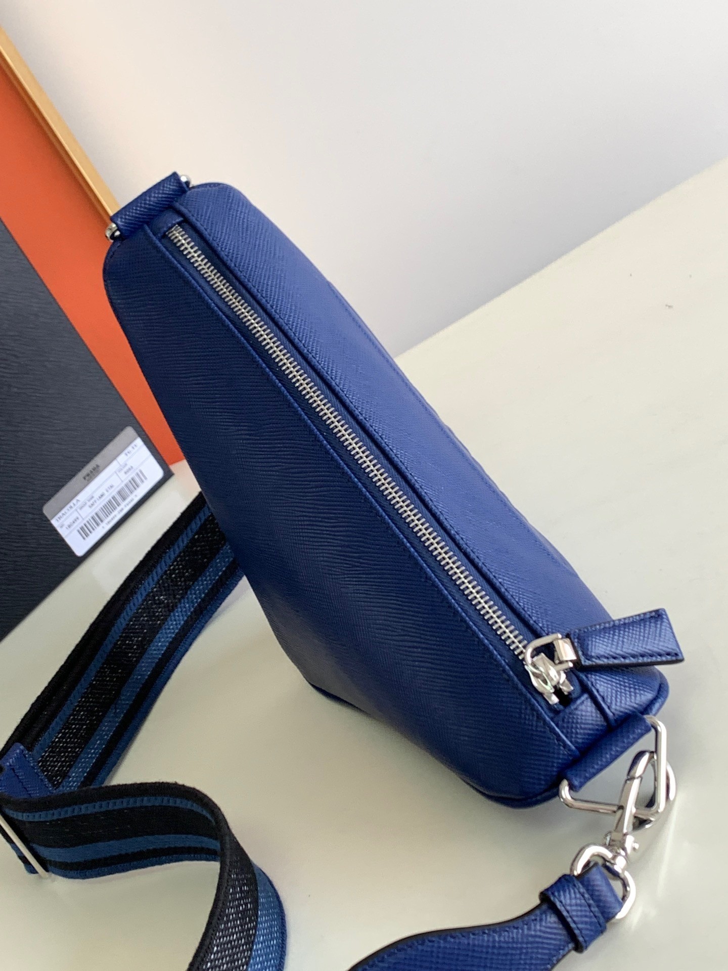 Prada Triangle Shoulder Bag In Blue Saffiano Calfskin 459