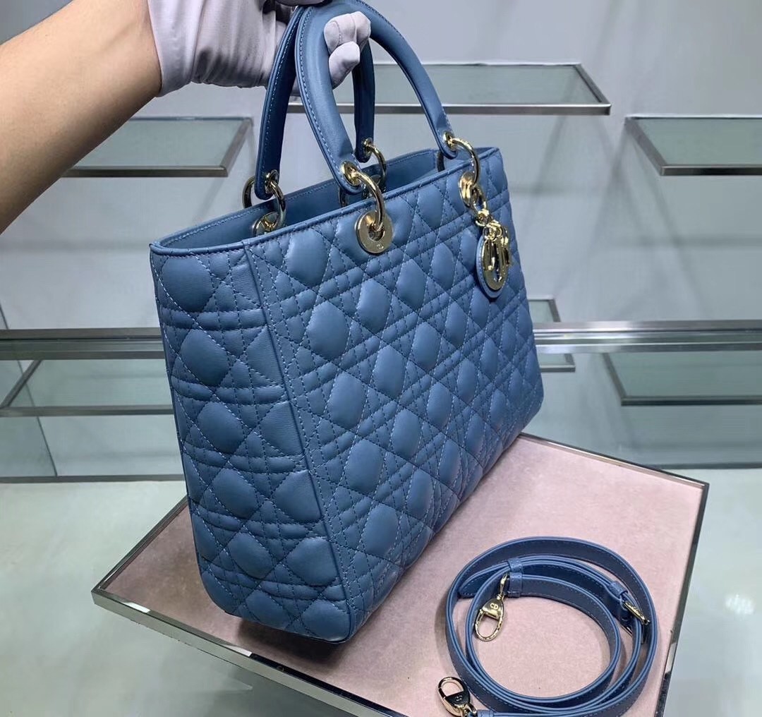 Dior Large Lady Dior Bag In Denim Blue Cannage Lambskin 642