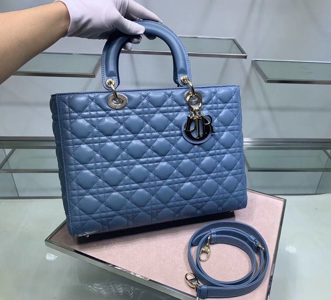 Dior Large Lady Dior Bag In Denim Blue Cannage Lambskin 642