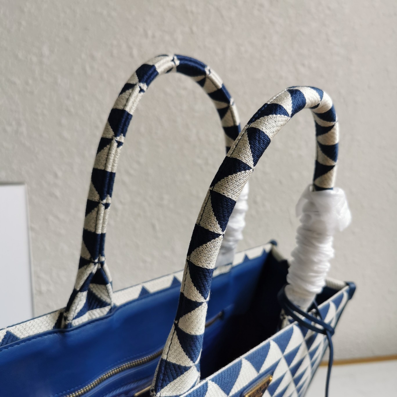 Prada Symbole Large Bag In White/Blue Jjacquard Fabric 583