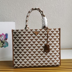 Prada Symbole Large Bag In White/Brown Jjacquard Fabric 773