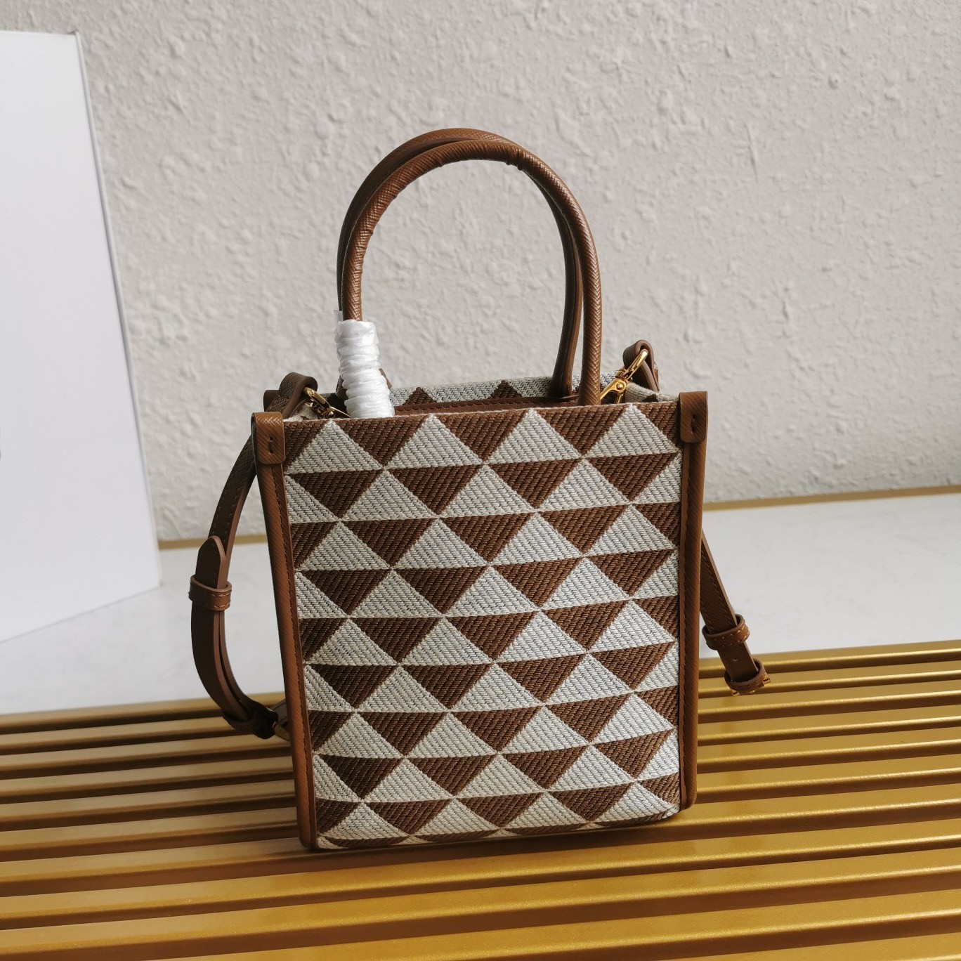 Prada Symbole Micro Bag In White/Brown Jjacquard Fabric 787