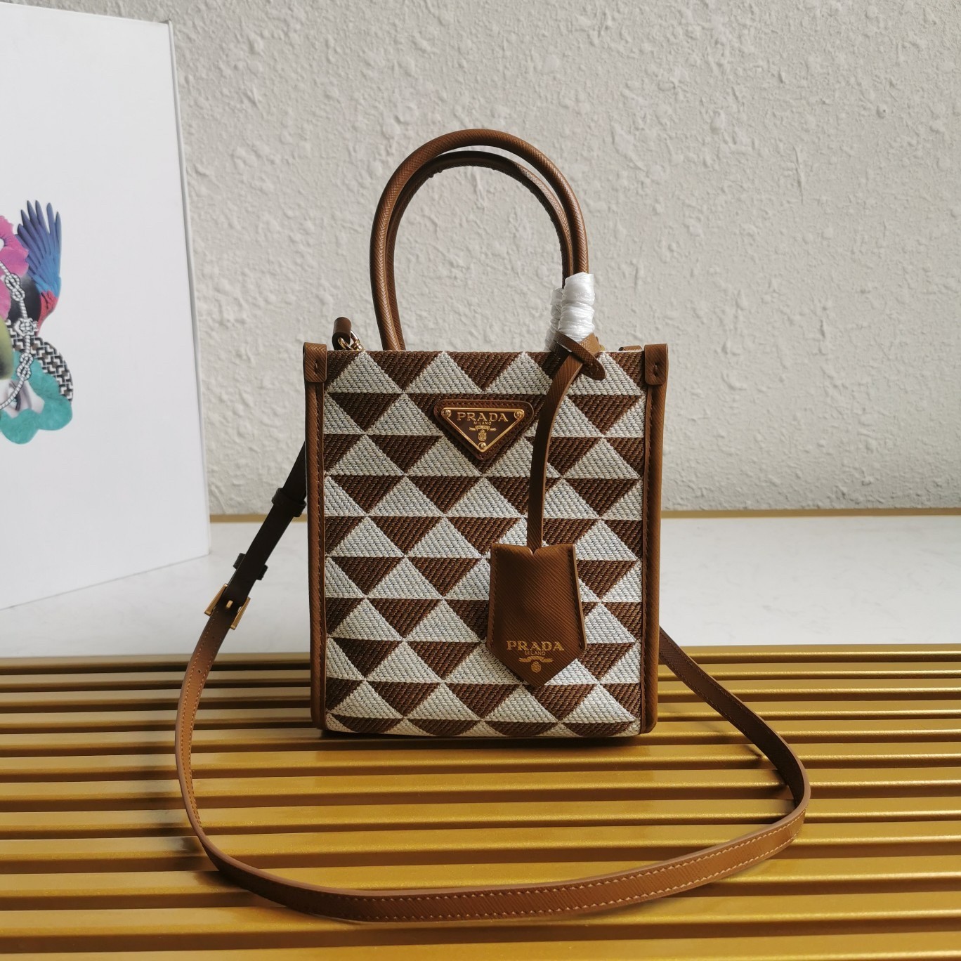 Prada Symbole Micro Bag In White/Brown Jjacquard Fabric 787