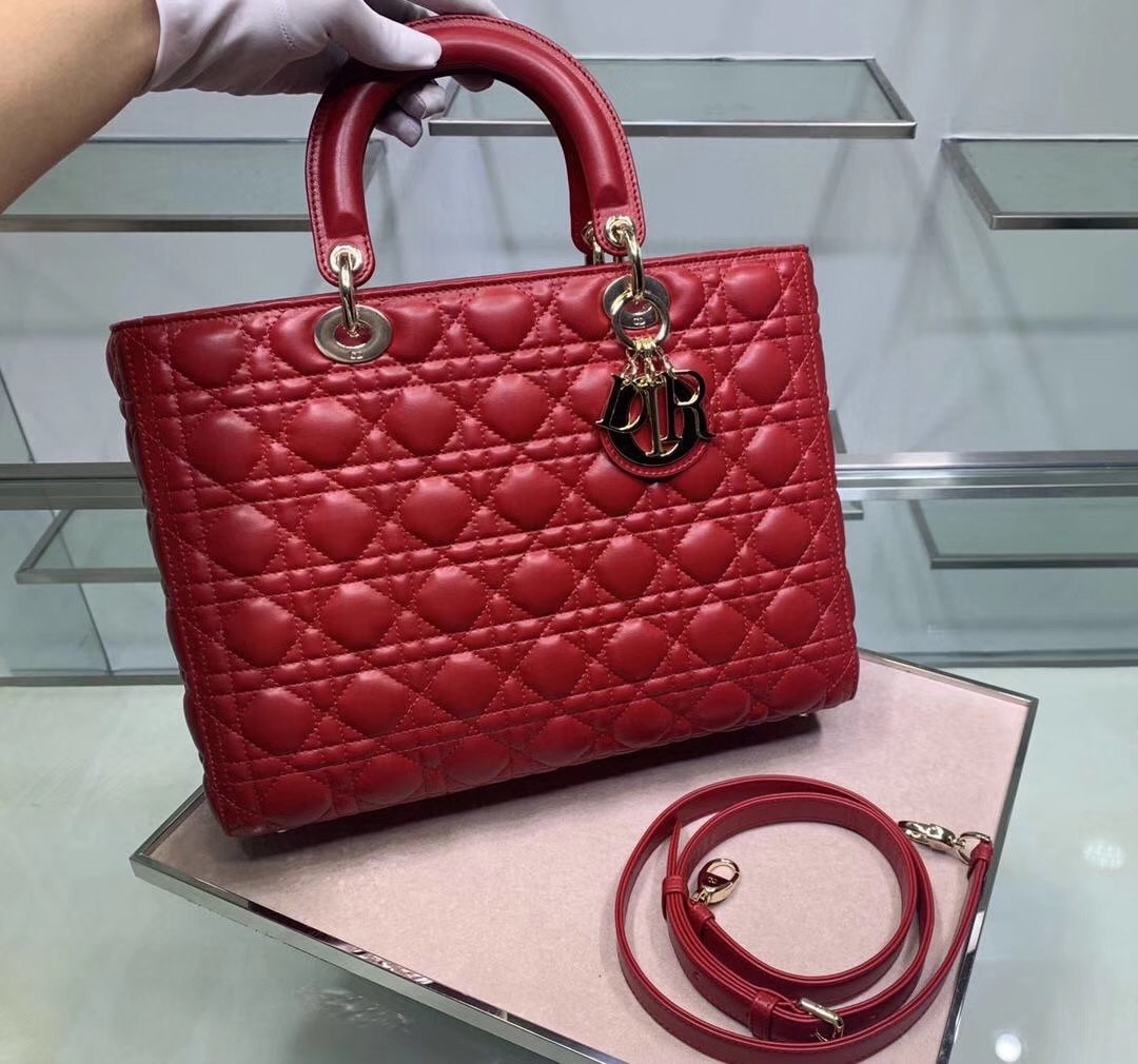 Dior Large Lady Dior Bag In Red Cannage Lambskin 763
