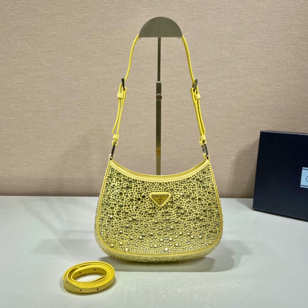 Prada Cleo Bag In Yellow Satin with Cystal Appliques 970